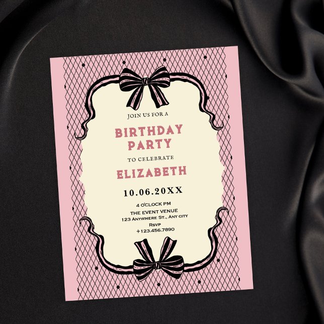 Pink black retro bow birthday invitation (Creator Uploaded)