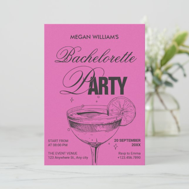 Pink black retro cocktail bachelorette party invitation (Standing Front)
