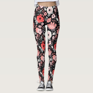 Pink Black Retro Flower  Leggings
