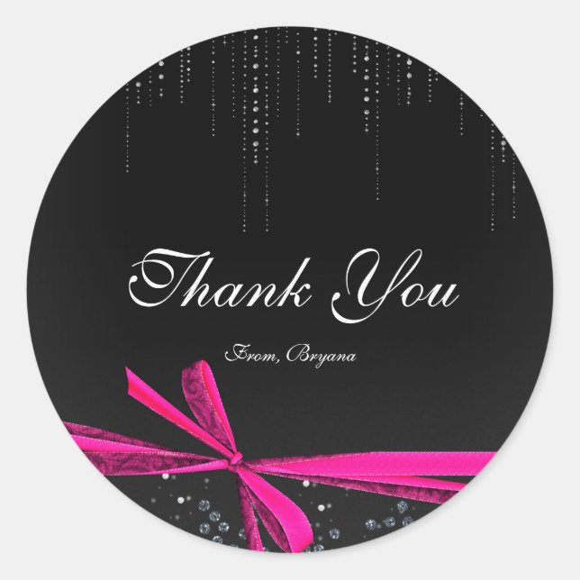 Pink & Black Ribbon Bow Rhinestones Bling Stickers (Front)