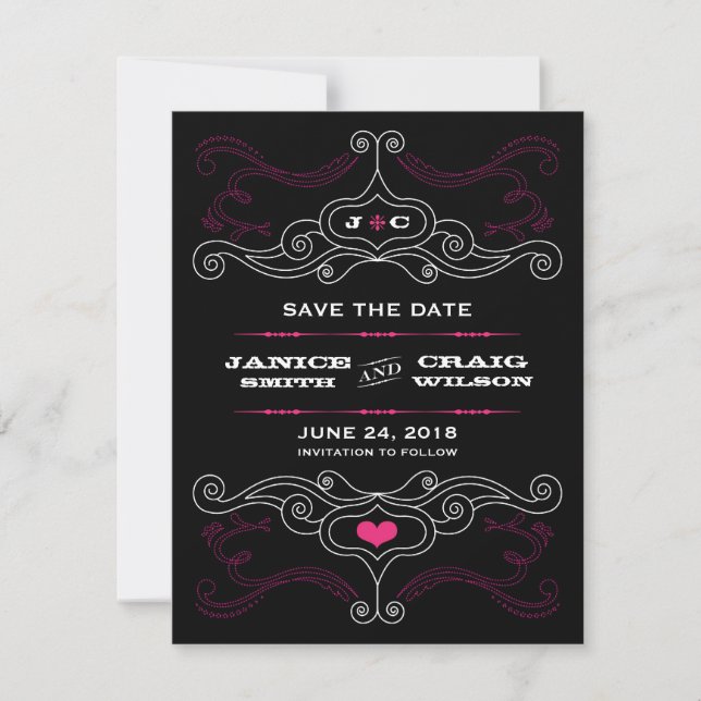 Pink & Black Rock 'n' Roll Music Themed Wedding Save The Date (Front)
