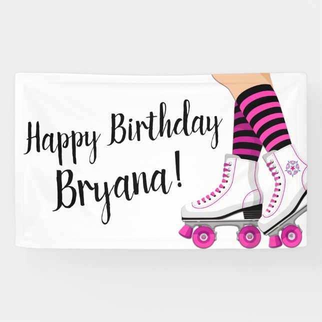 Pink & Black Roller Skate Skating Birthday Party Banner (Horizontal)