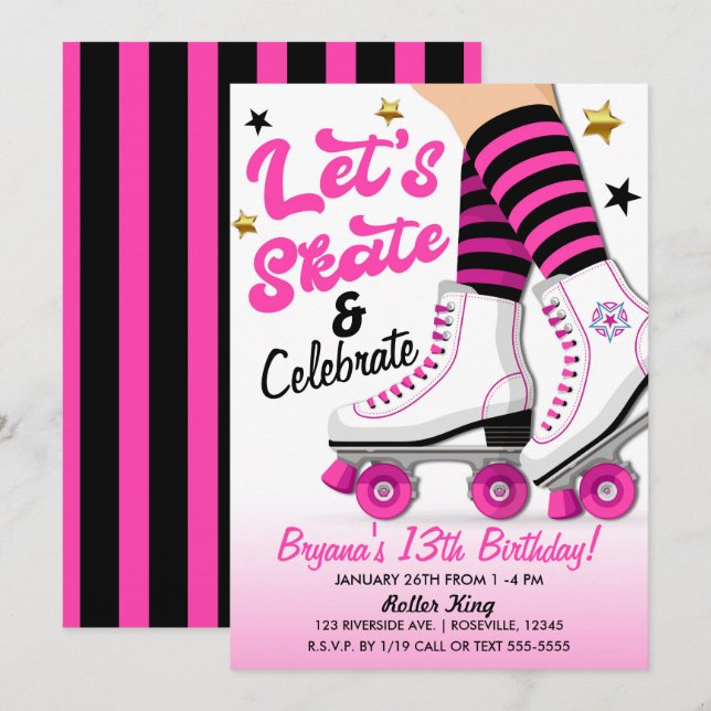 Pink & Black Roller Skate Skating Birthday Party Invitation (Front/Back)
