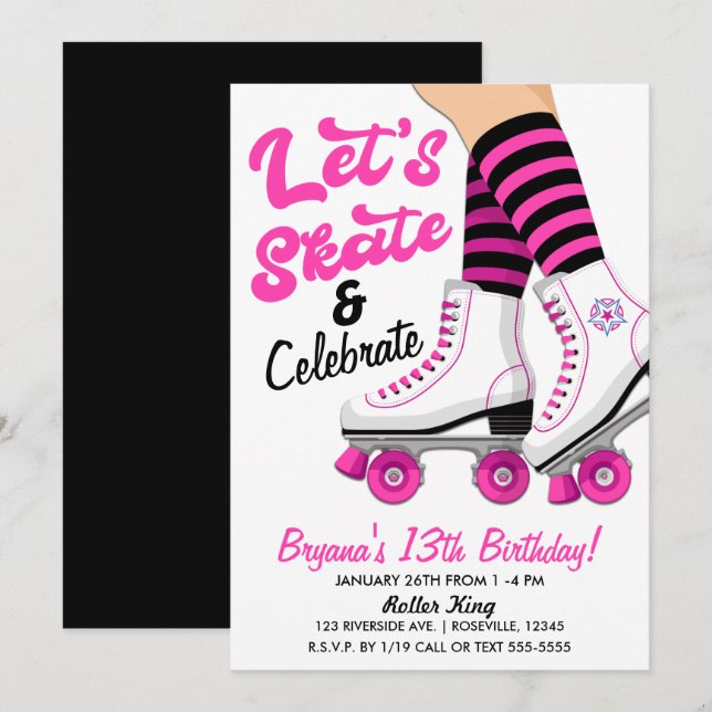 Pink & Black Roller Skate Skating Birthday Party Invitation (Front/Back)
