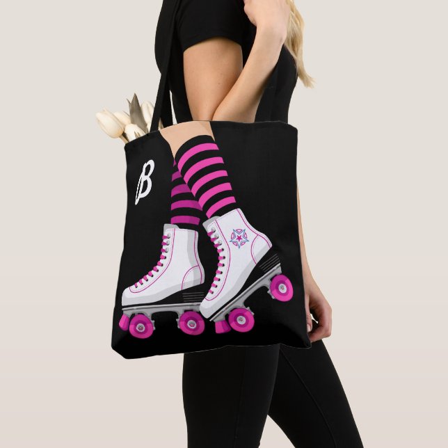 Pink & Black Roller Skate Skating Tote Bag (Close Up)