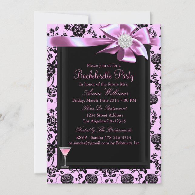 Pink & Black Rose Bachelorette Party Invite (Front)