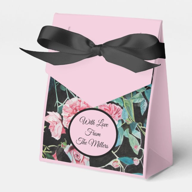 Pink Black Rose Floral Wedding Cake Favor Box (Front Side)