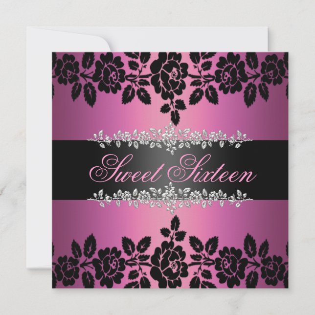 Pink & Black Rose Sweet 16 Birthday Invitation (Front)