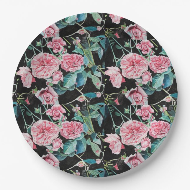 Pink Black Roses Floral flowers Party Paper Plate (Front)