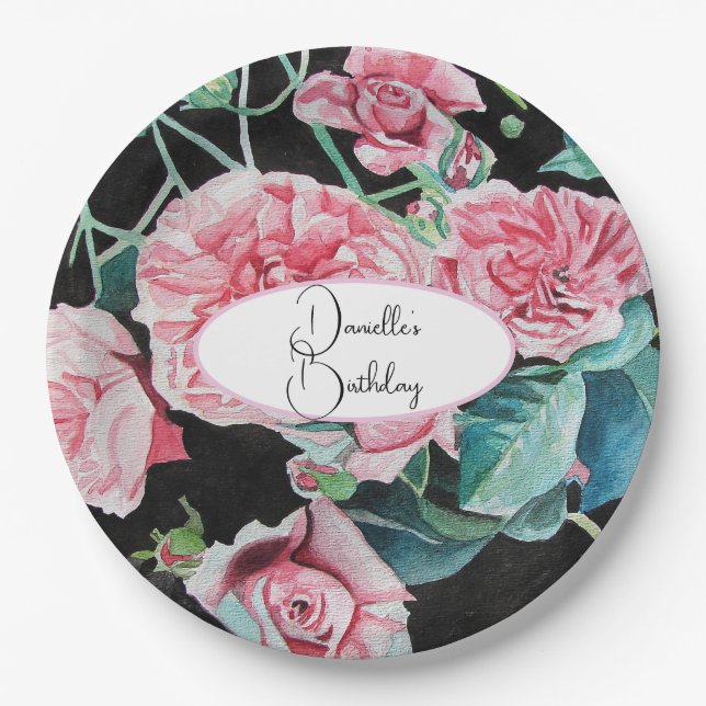 Pink Black Roses Floral flowers Party Paper Plate (Front)