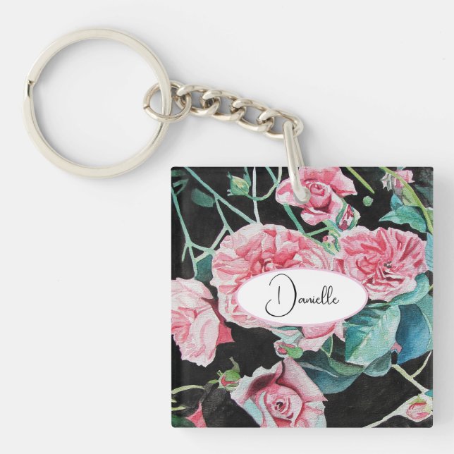 Pink Black Roses Floral flowers Party Paper Plate Key Ring (Front)