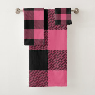 Pink & Black Rustic Buffalo Plaid Chequered Checks Bath Towel Set