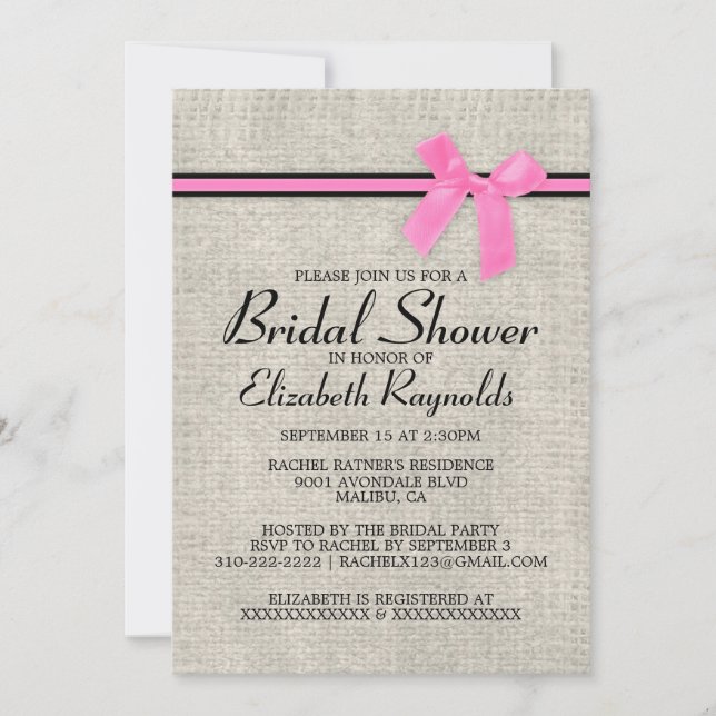 Pink Black Rustic Burlap Bridal Shower Invitations (Front)