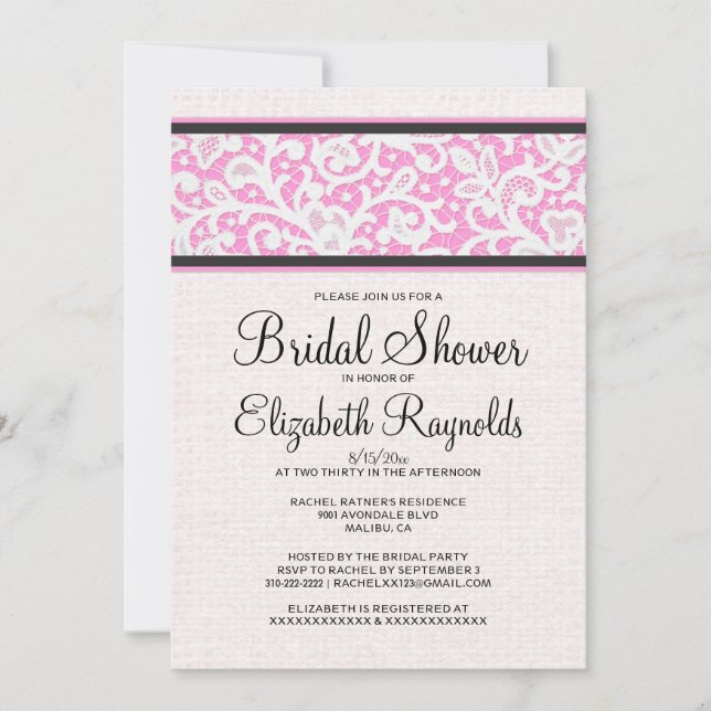 Pink Black Rustic Linen Bridal Shower Invitations (Front)