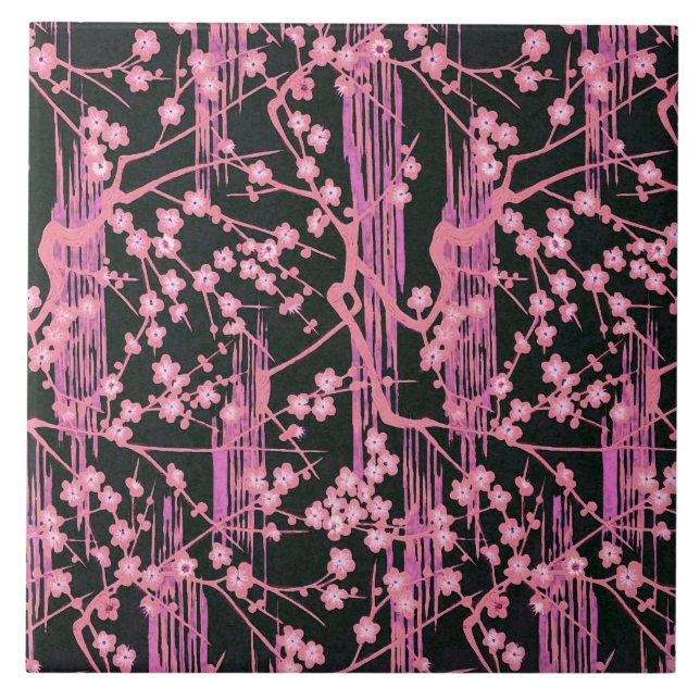 PINK BLACK SAKURA FLOWERS Japanese Floral Pattern Tile (Front)