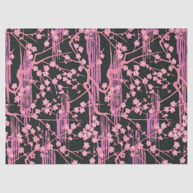 PINK BLACK SAKURA FLOWERS Japanese Floral Pattern Tissue Paper (Front)