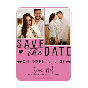 Pink & Black Save the Date 2 Photo Wedding Magnet