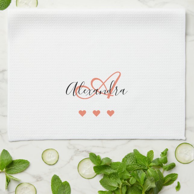 Pink Black Script Name Monogram Bridal Tea Towel (Folded)