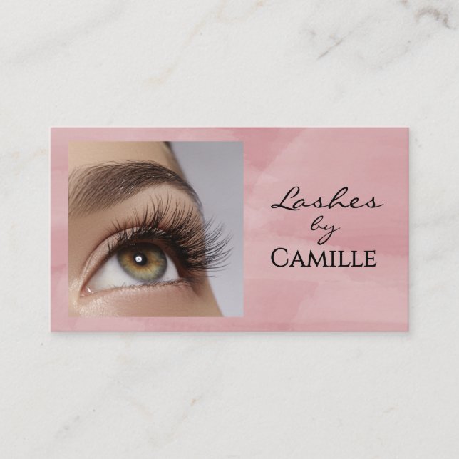 Pink Black Script Photo Lashes Business Card (Front)