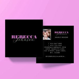 Pink & Black Script Photo Square Business Card