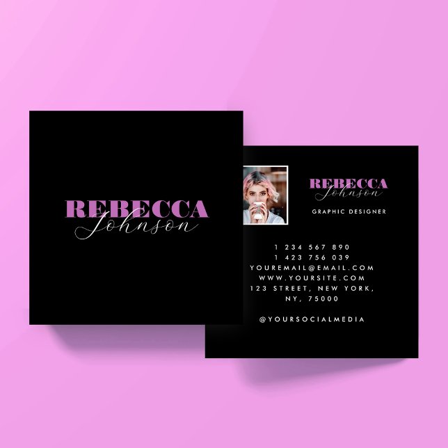 Pink & Black Script Photo Square Business Card (Creator Uploaded)