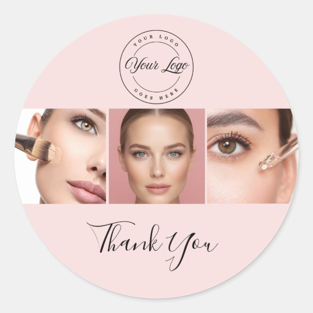  Pink Black Script Your Logo 3 Photo Makeup Classic Round Sticker (Front)