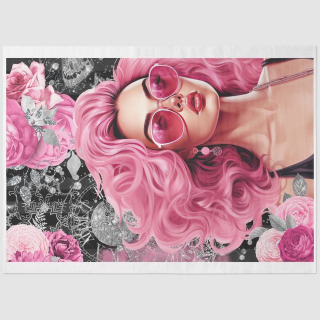 Pink & Black Shabby Glam Woman Decoupage Paper (Front)