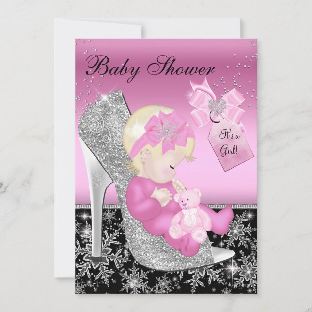 Pink Black Shoe & Snowflake Girl Baby Shower Invitation (Front)
