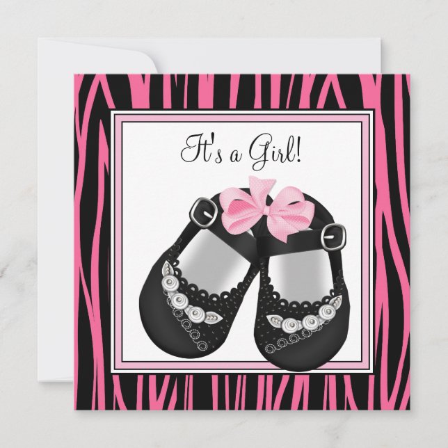 Pink Black Shoes Hot Pink Zebra Baby Shower Invitation (Front)