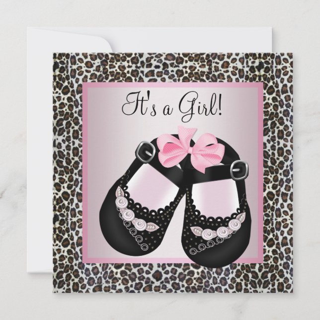 Pink Black Shoes Pink Leopard Baby Girl Shower Invitation (Front)