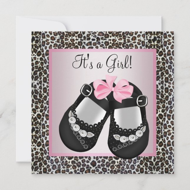 Pink Black Shoes Pink Leopard Baby Girl Shower Invitation (Front)
