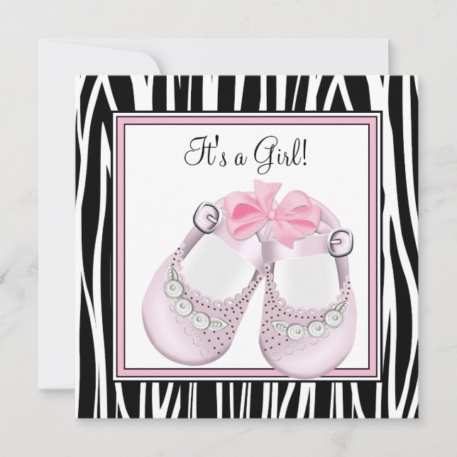 Pink Black Shoes Pink Zebra Baby Girl Shower Invitation (Front)