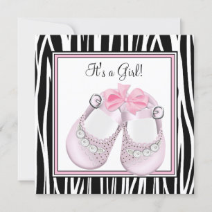 Pink Black Shoes Pink Zebra Baby Girl Shower Invitation