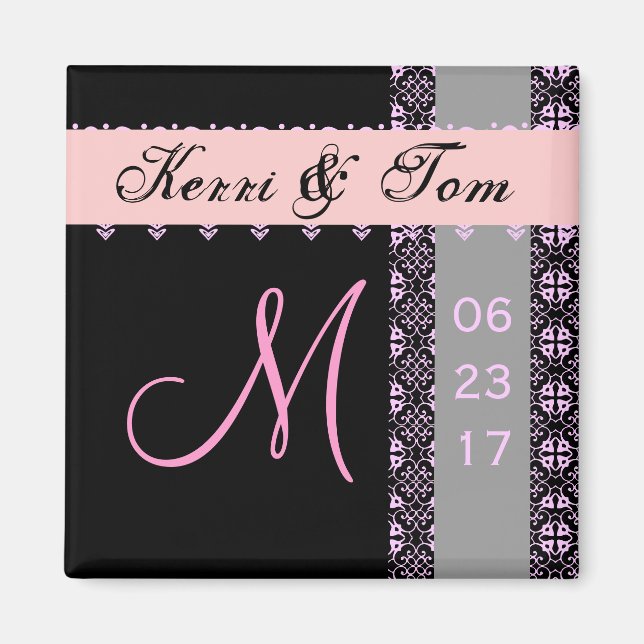 PINK BLACK SILVER Bride Groom Lace Wedding Magnet (Front)