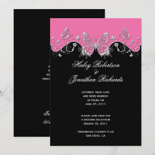 Pink Black Silver Butterflies Post Wedding Invitation