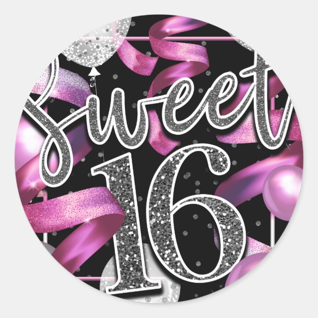 Pink Black Silver Faux Glitter Look Sweet 16 Classic Round Sticker (Front)