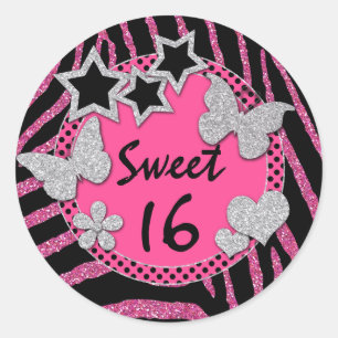 Pink Black Silver FAUX Glitter Sweet 16 Sticker