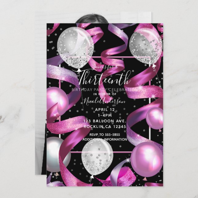 Pink Black Silver Glitter 13th Birthday Photo Invitation (Front/Back)