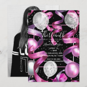 Pink Black Silver Glitter 13th Birthday Photo Invitation