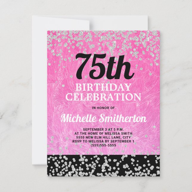 Pink Black Silver Glitter Adult 75th Birthday Card (Front)