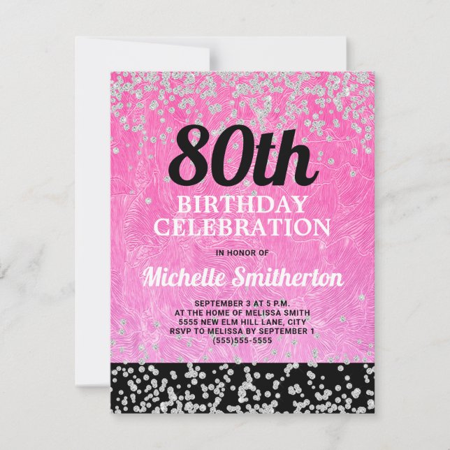 Pink Black Silver Glitter Adult 80th Birthday Card (Front)