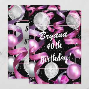 Pink Black Silver Glitter Balloons 40th Birthday Invitation
