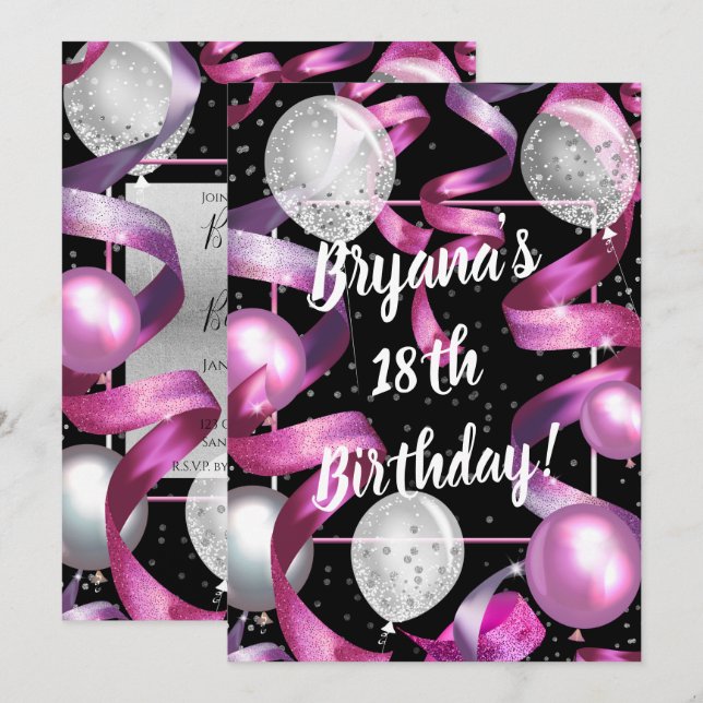 Pink Black Silver Glitter Balloons Birthday Party Invitation (Front/Back)