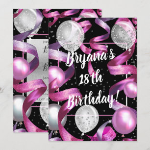 Pink Black Silver Glitter Balloons Birthday Party Invitation