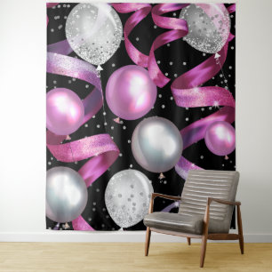 Pink Black Silver Glitter Balloons Party Backdrop Tapestry