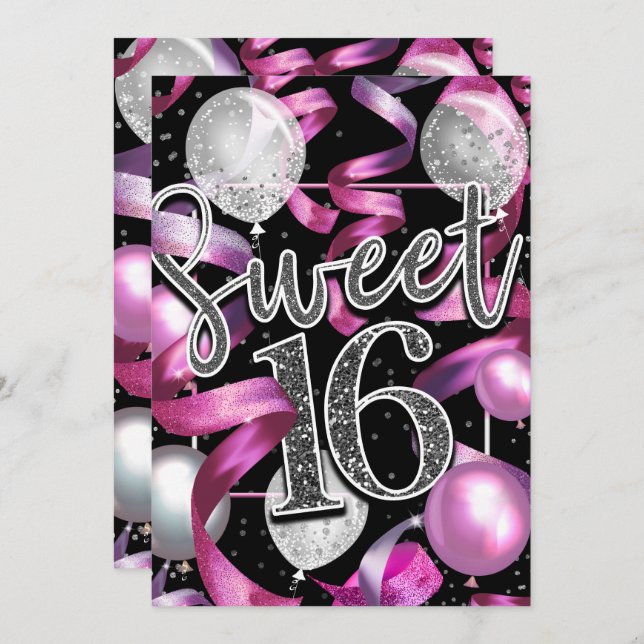 Pink Black Silver Glitter Sweet 16 Birthday Party Invitation (Front/Back)