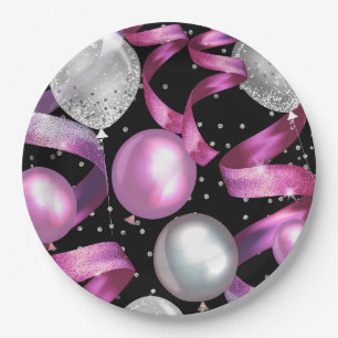 Pink Black Silver Glitter Sweet 16 Birthday Party Paper Plate