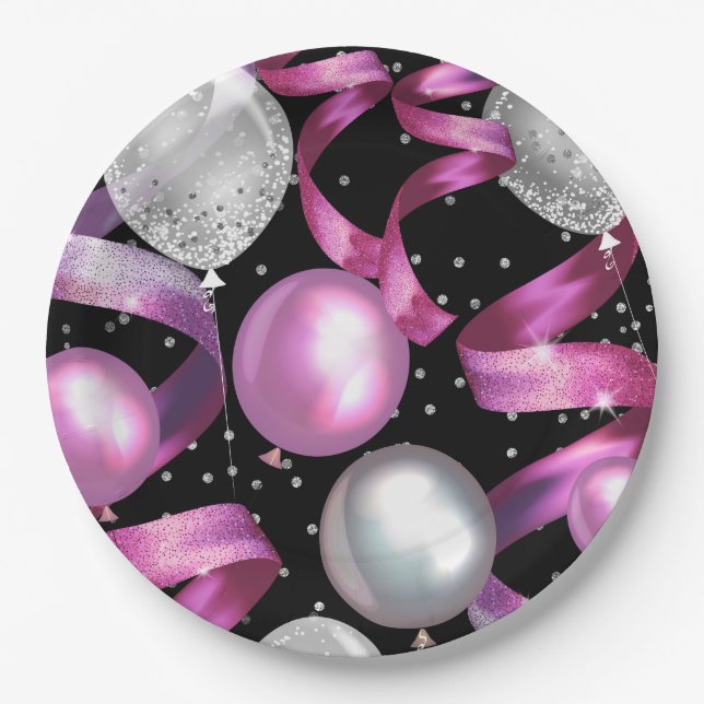 Pink Black Silver Glitter Sweet 16 Birthday Party Paper Plate (Front)