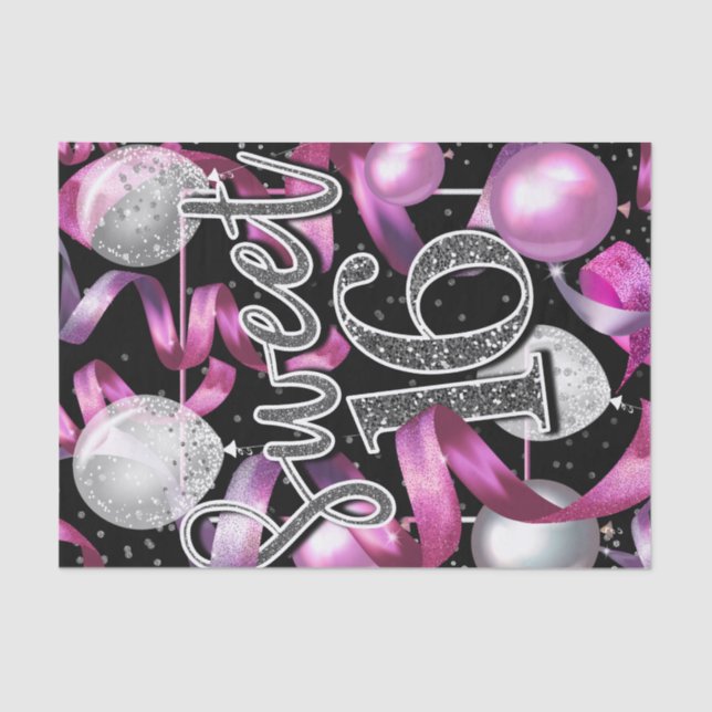 Pink Black Silver Glitter Sweet 16 Birthday Party Tissue Paper (Front)