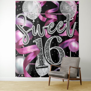 Pink Black Silver Glitter Sweet 16 Party Backdrop Tapestry